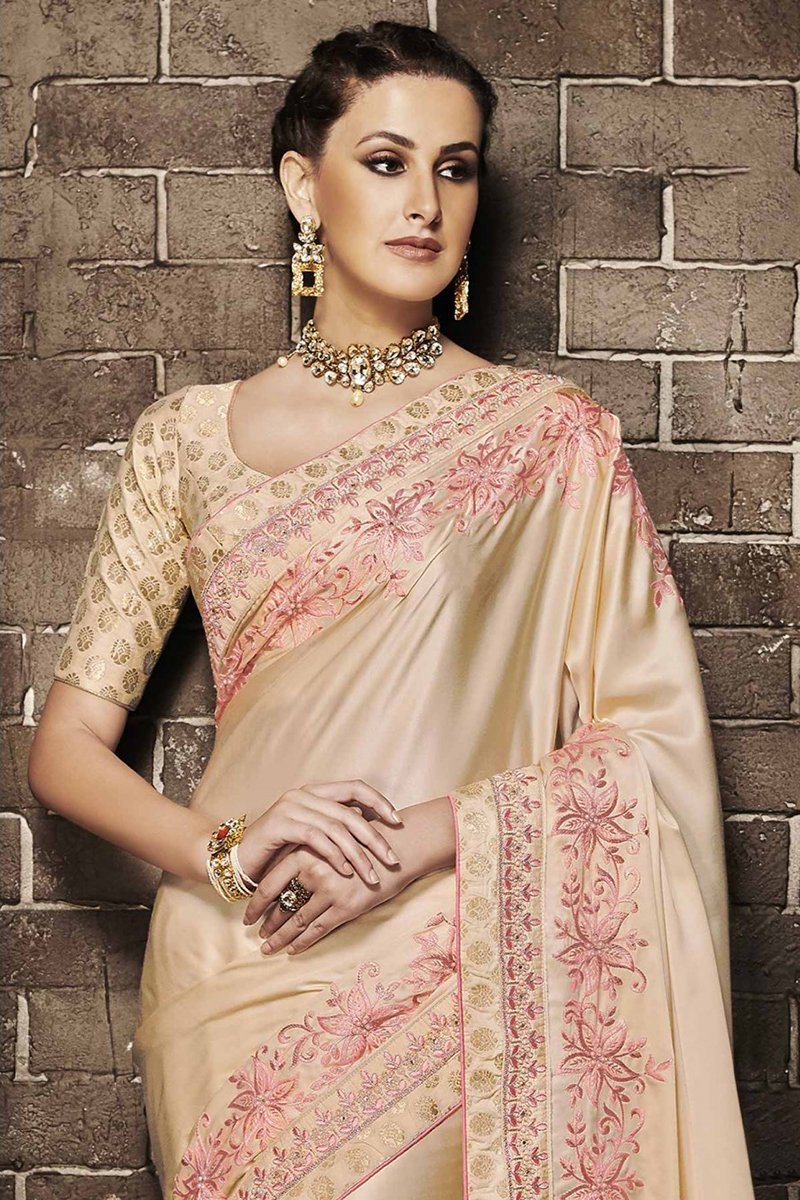 Beige Embroidered Designer Muslin Satin Saree