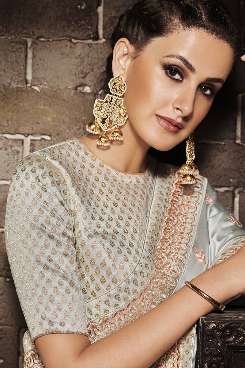 Grey Embroidered Designer Muslin Satin Saree