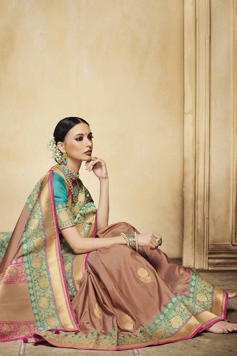 Brown Embroidered Designer heavy Silk Jacquard Saree