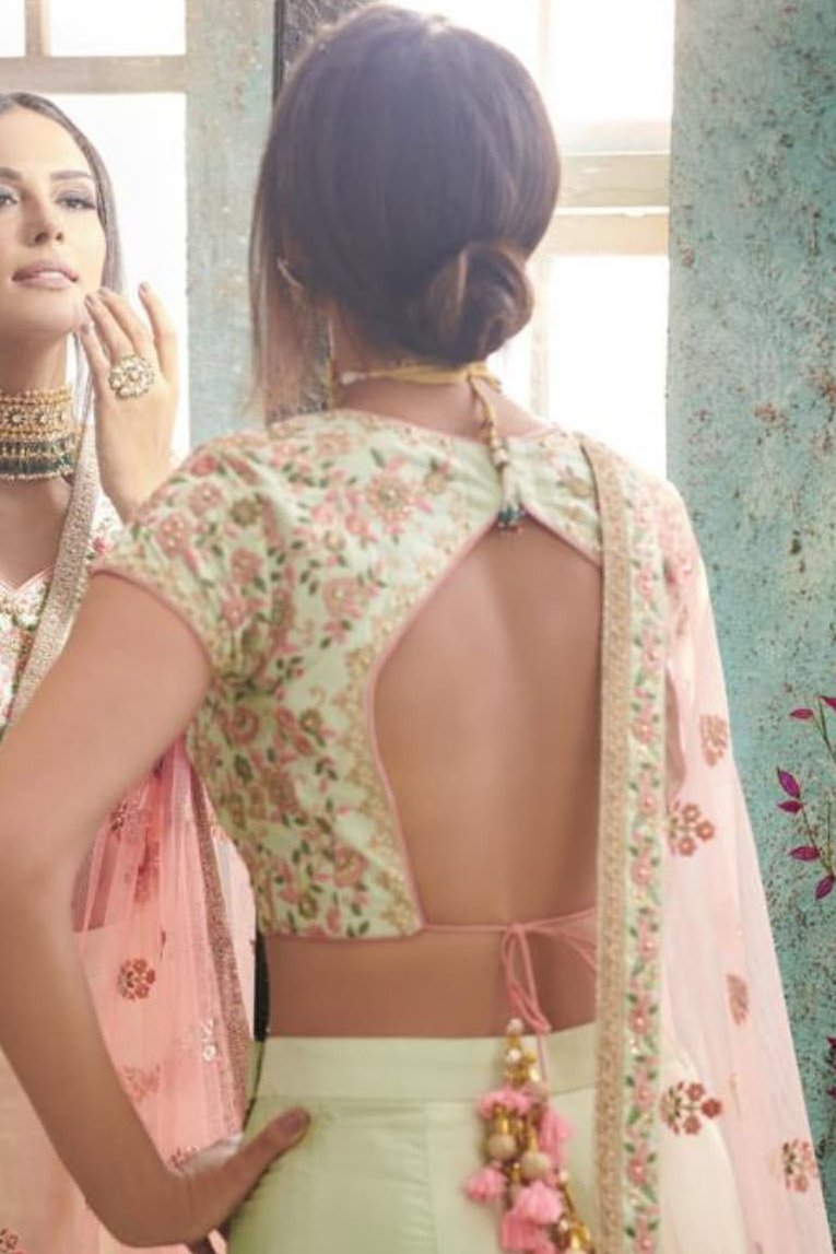 Pista and Peach colored Silk Party Wear Lehenga Set