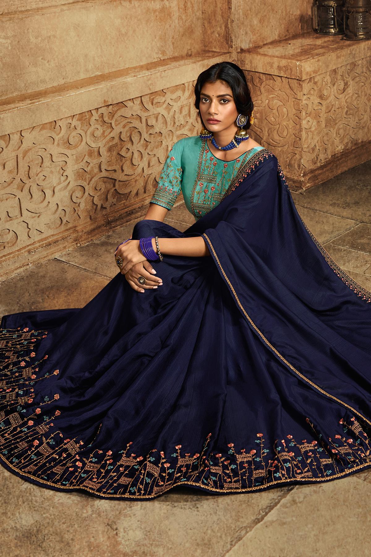 Navy Blue And Blue Designer Silk Sari