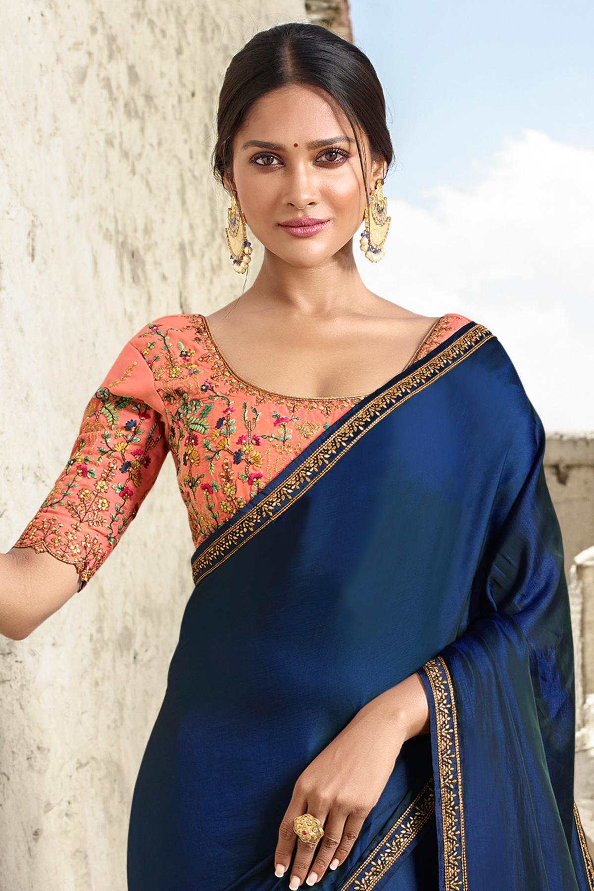Navy Blue And Peach Designer Silk Sari
