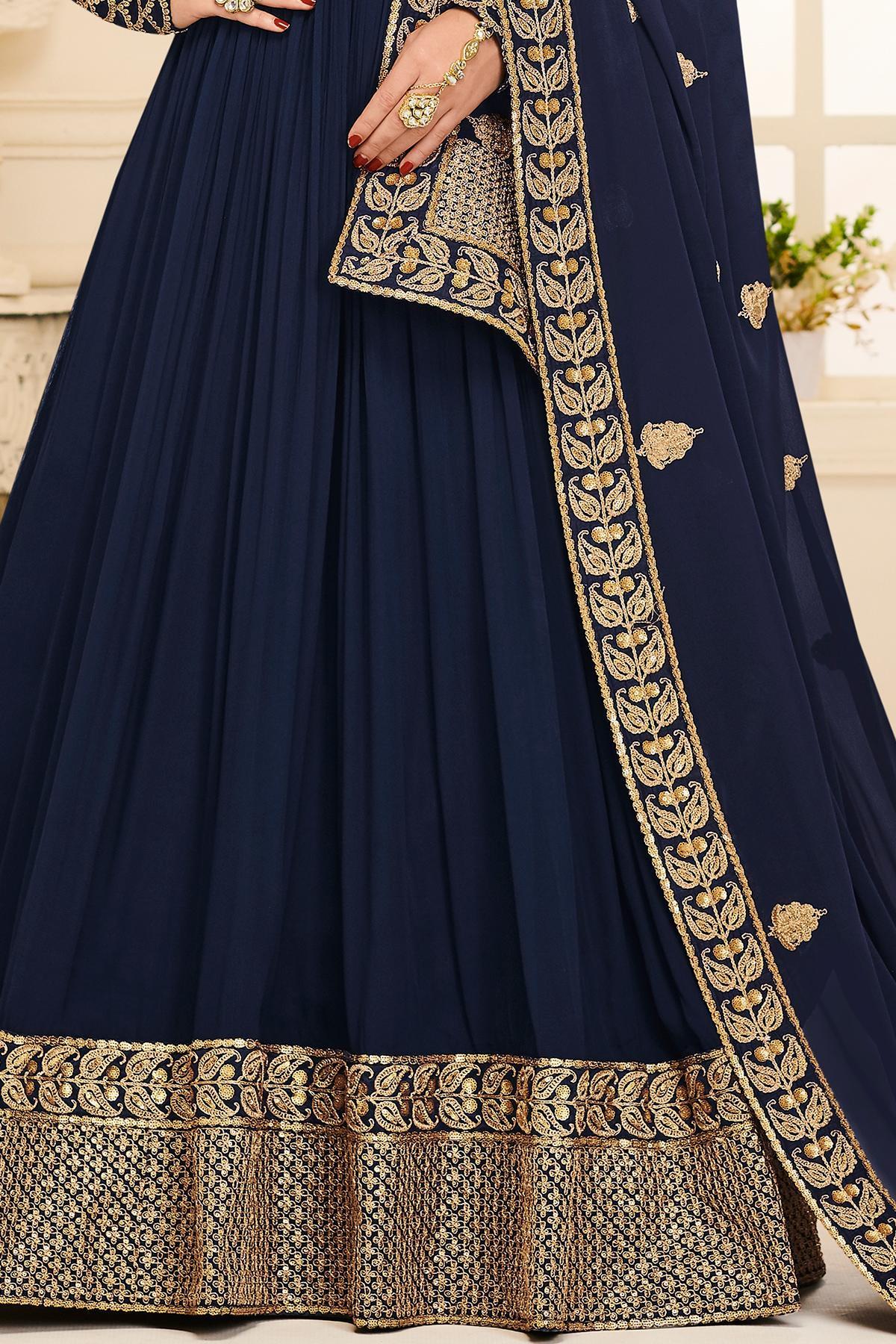 Navy Blue Designer Embroidered Silk Anarkali Suit
