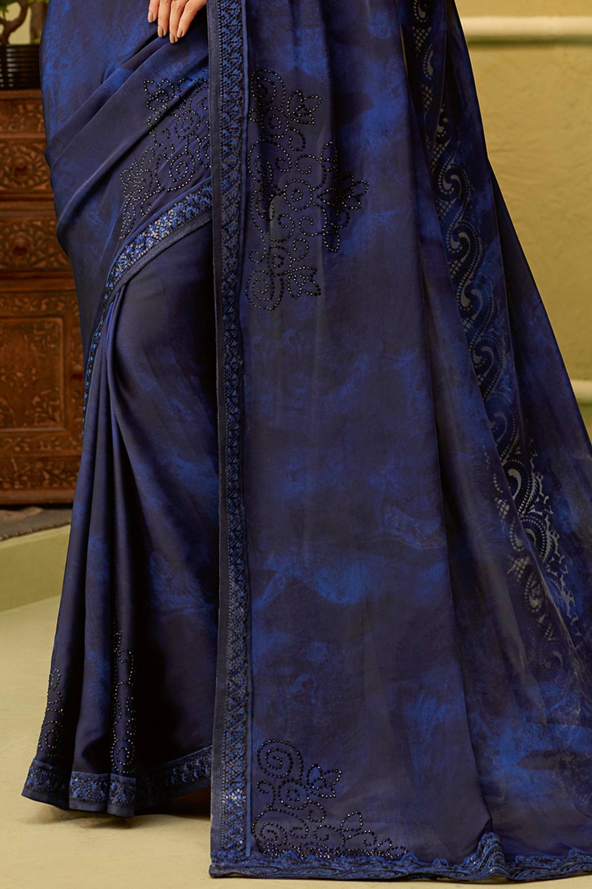 Navy Blue Designer Silk Sari