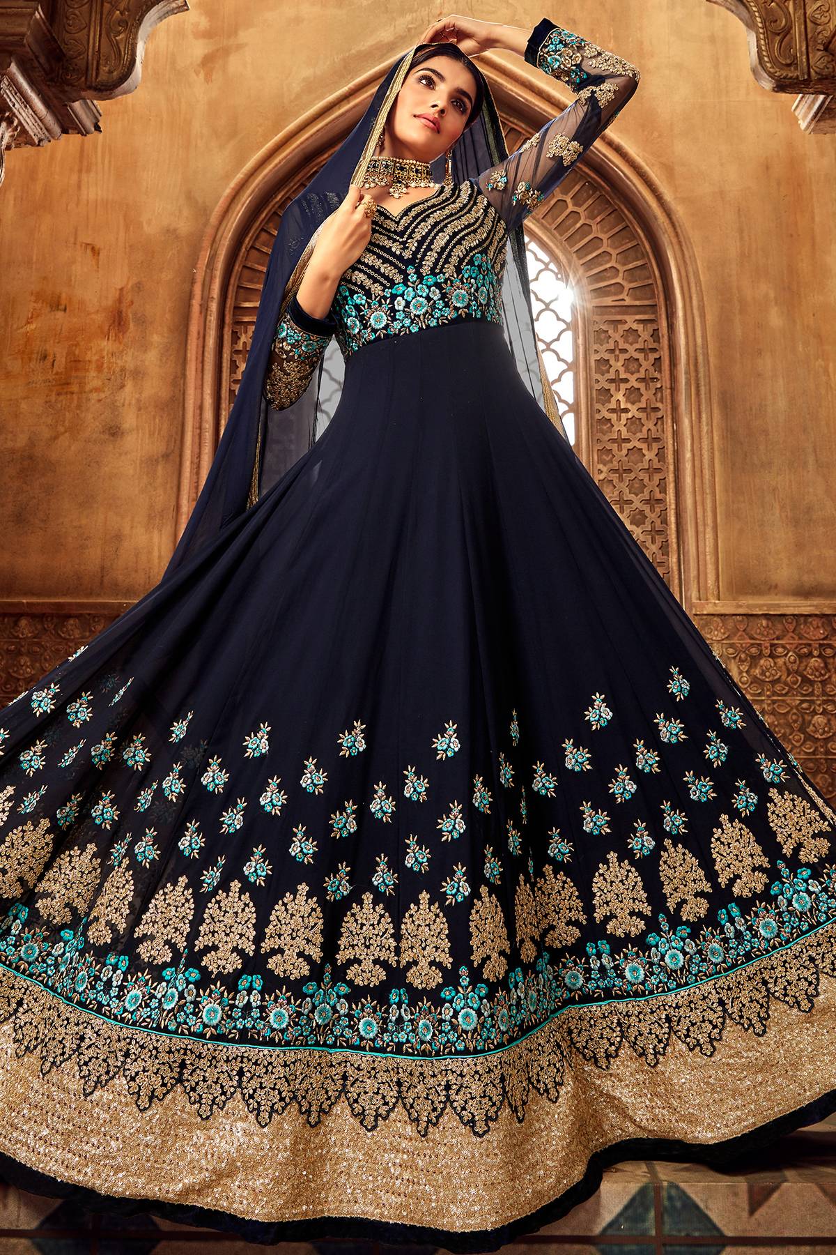 Navy Blue Designer Velvet Anarkali Suit