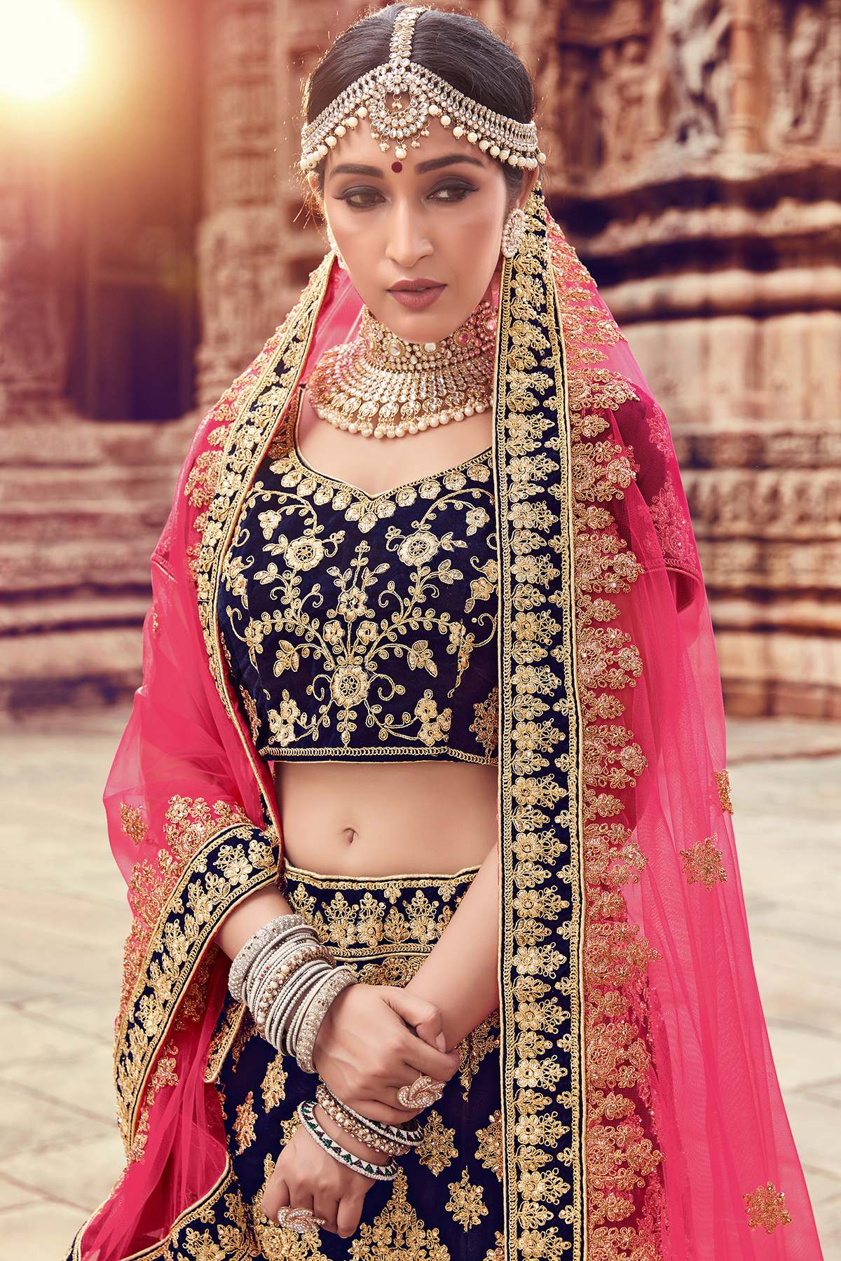 Navy Blue Velvet Bridal Lehenga Choli