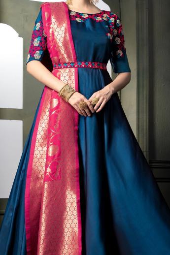 Ocean-Blue heavy tapeta Silk Gown with Voilet-Red Banarsi duppatta