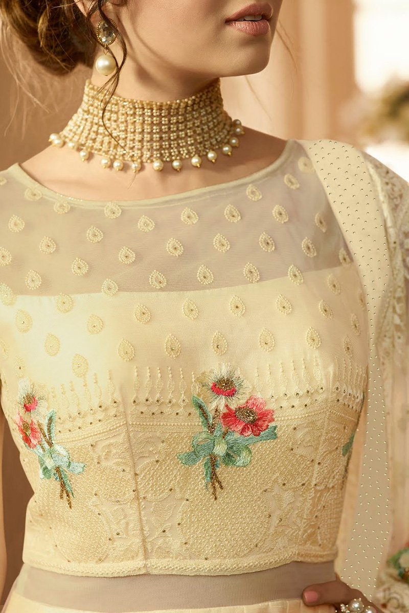Cream Embroidered Party Wear Anarkali Suit