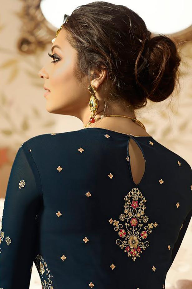 Dark Blue Embroidered Party Wear Anarkali Suit
