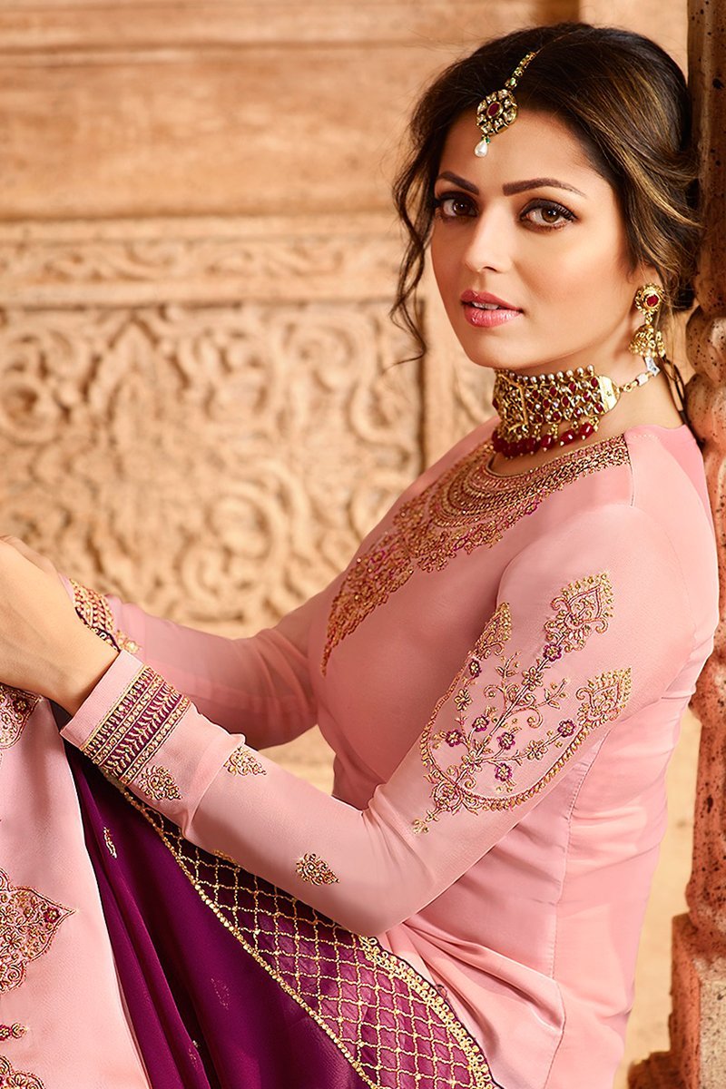 Pink and Plum Georgette Kurti Set with Dual Bottom Lehenga/Pant