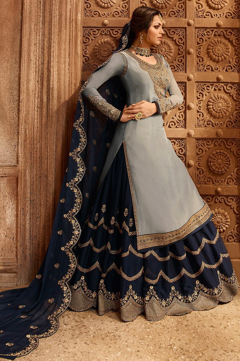 Grey and Navy Blue Georgette Kurti Set with Dual Bottom Lehenga/Pant