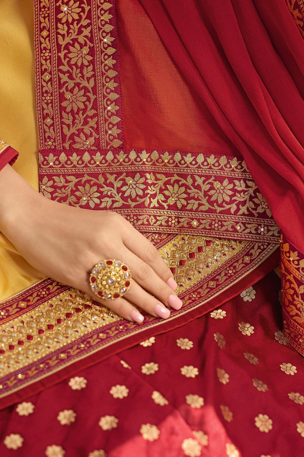 Red & Yellow designer Satin Georgette Sharara suit