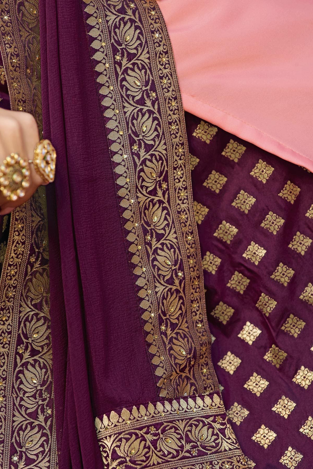 Purple and Pink Satin Georgette Sharara Suit