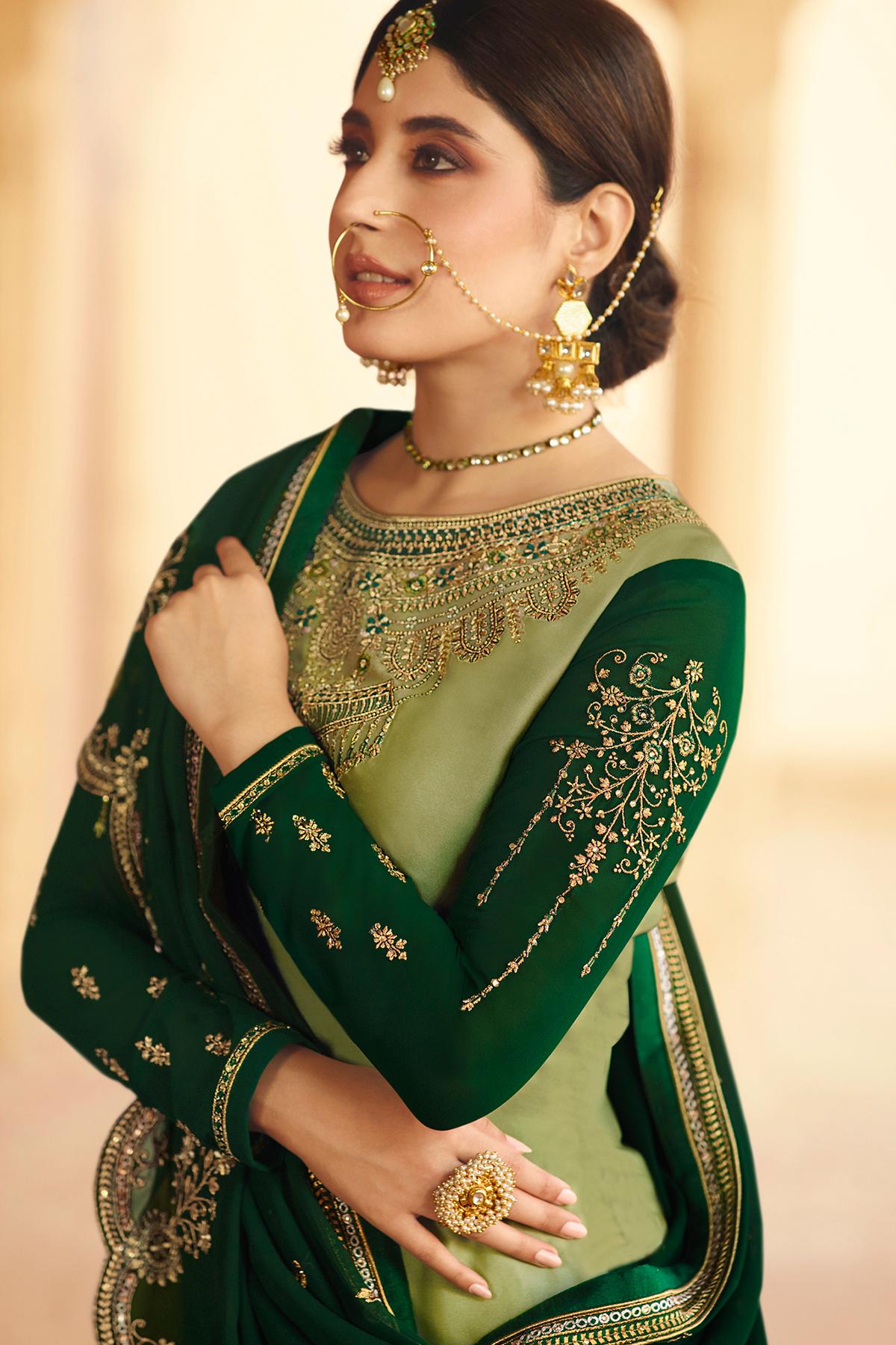 Olive and Forest Green Georgette Lehenga Style Suit