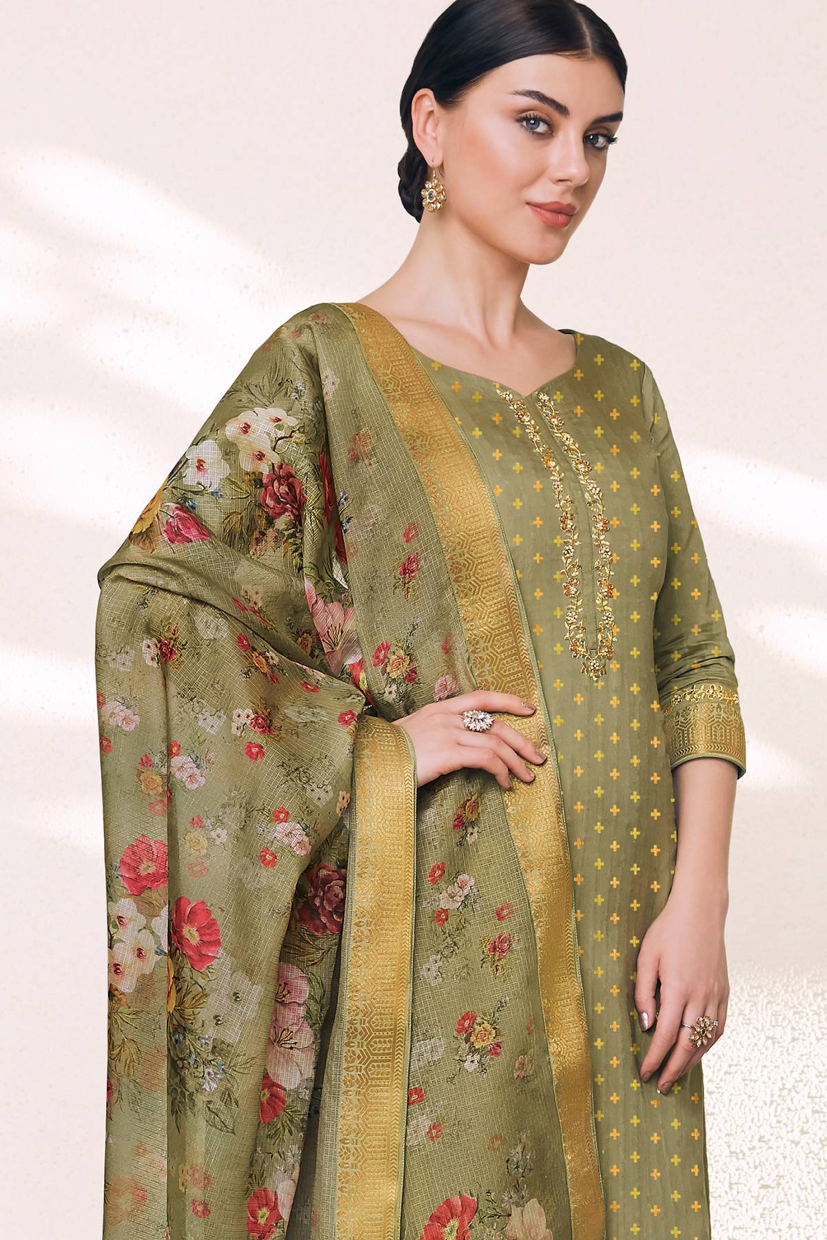 Olive Green Casual Printed Straight Suit