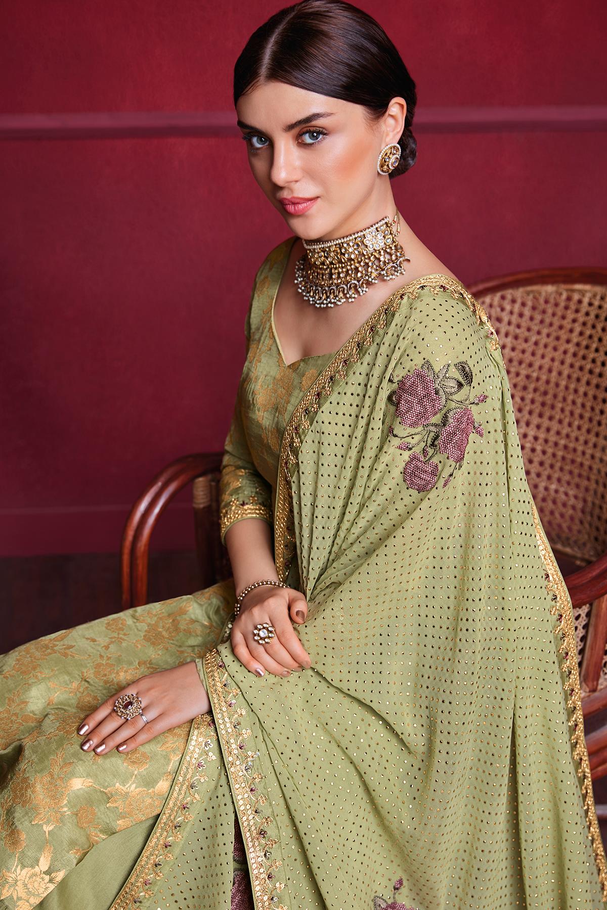 Olive Green Designer Dola Silk Palazzo Suit