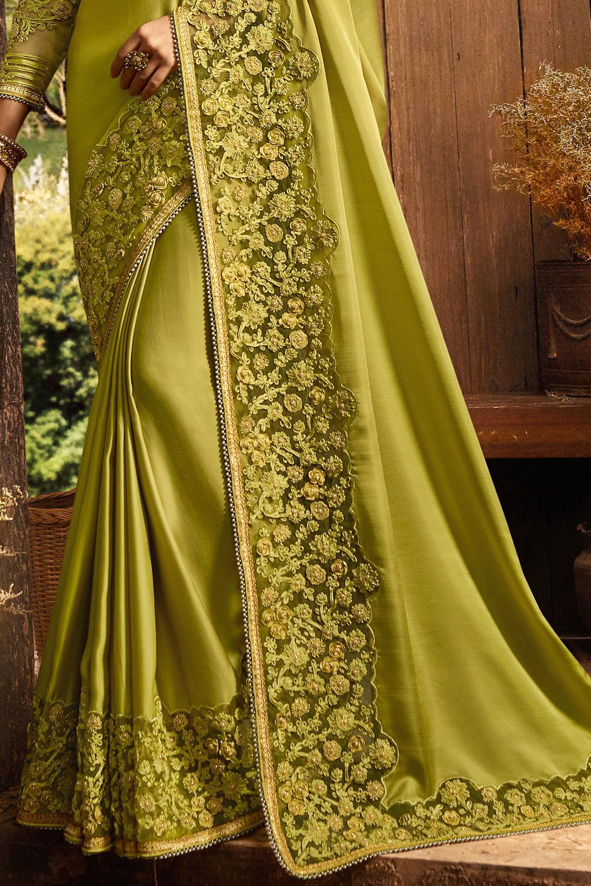 Olive Green Designer Party Wear Silk Sari