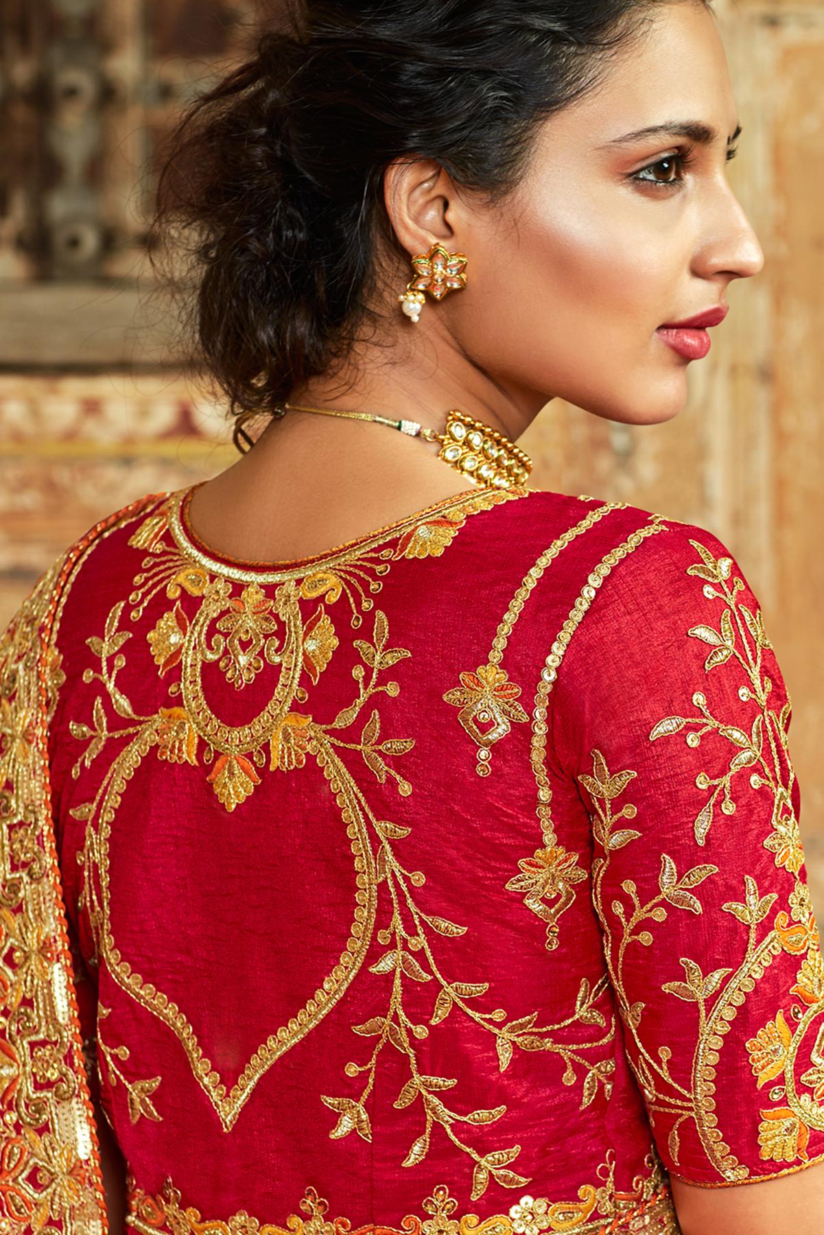 Orange And Candy Red Banarasi Silk Sari
