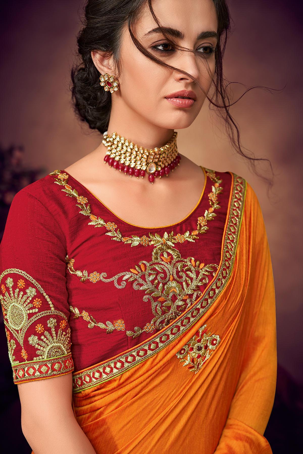 Orange and Garnet Red Designer Saree