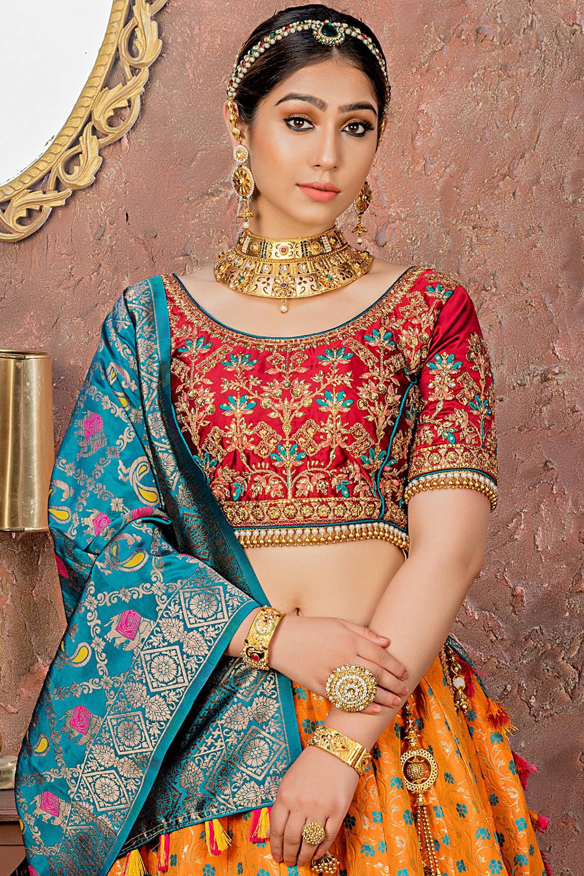 Orange And Maroon Banarasi Silk Bridal Lehenga Choli