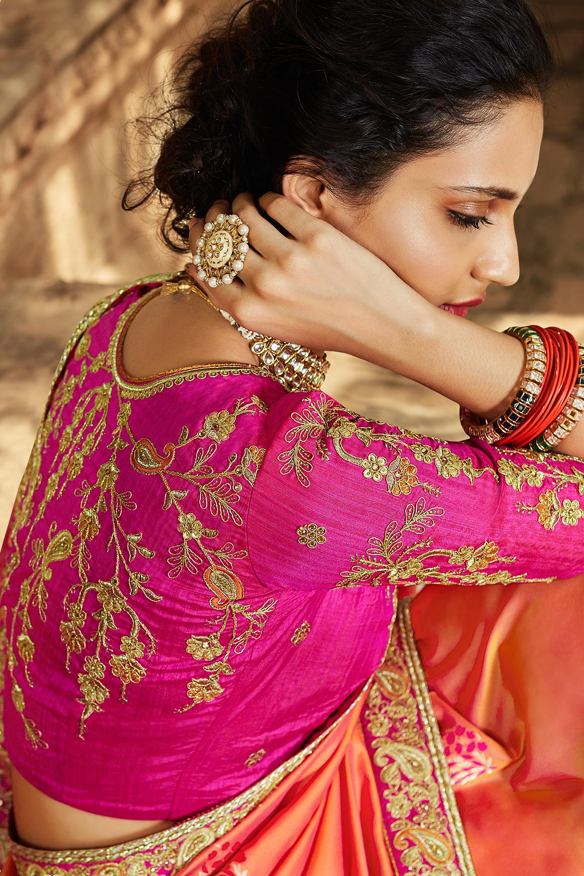Orange And Pink Banarasi Silk Sari