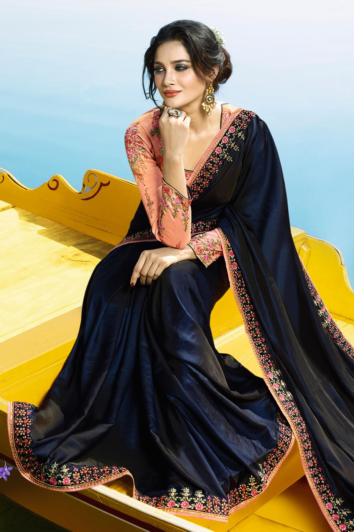 Oxford Blue and Peach Designer Silk Sari