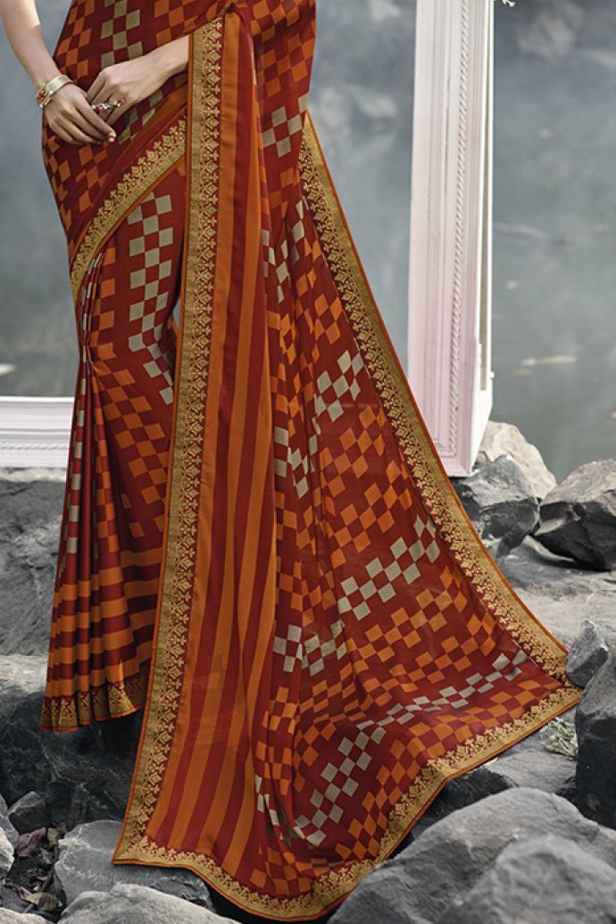 Orange and White Fancy Fabric Printed Saree