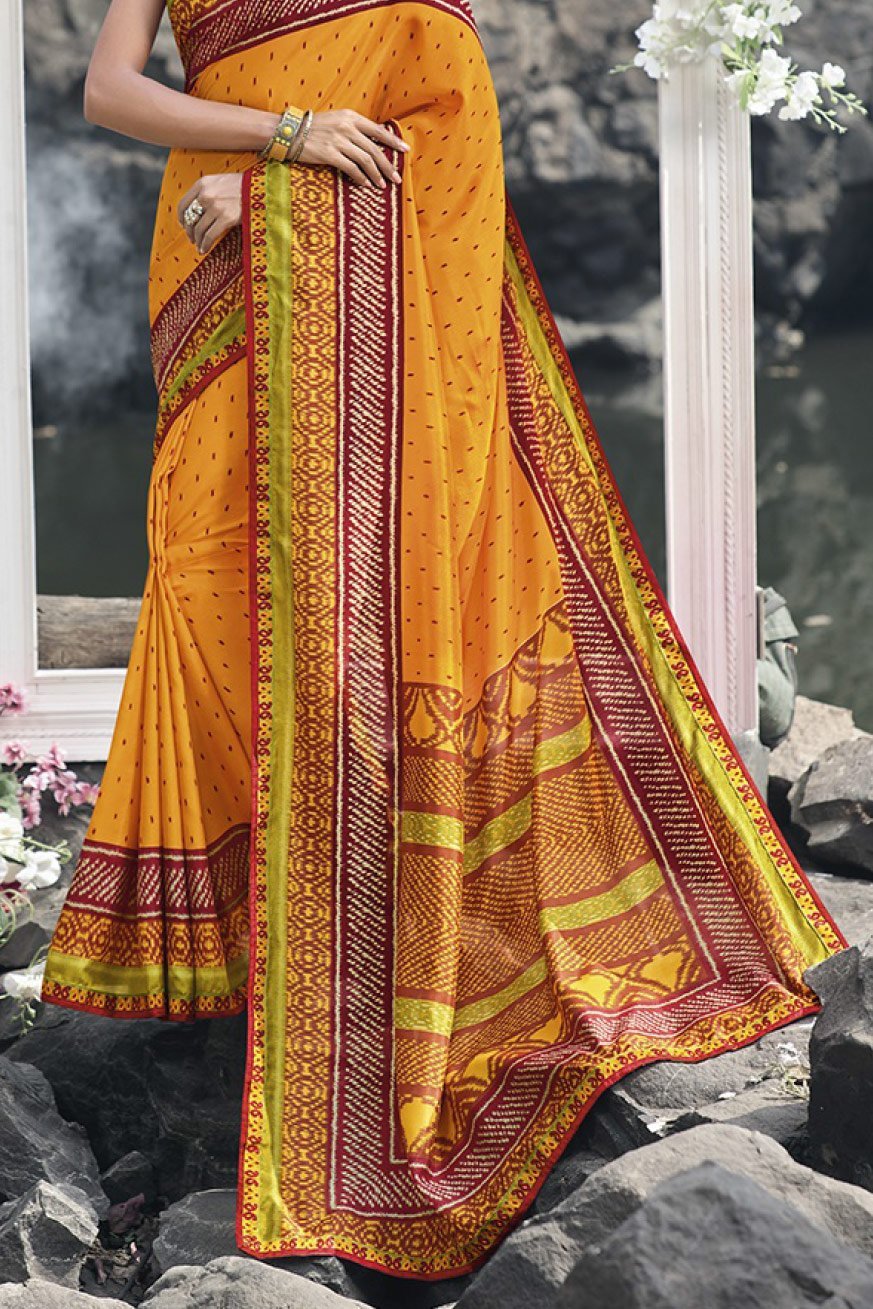 Orange and Red Fancy fabric Printed Saree