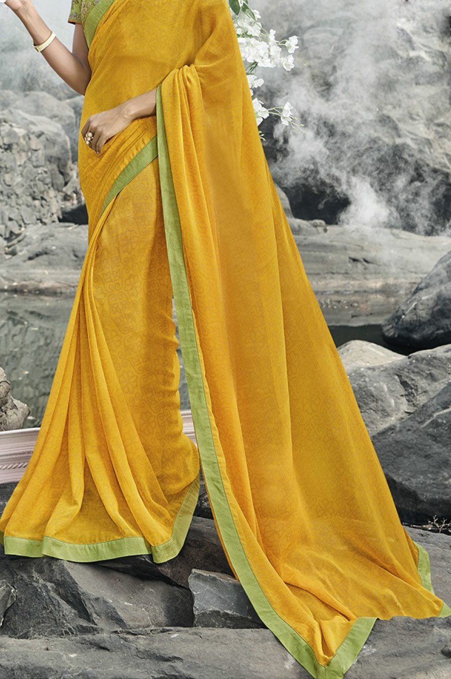 Marvellous Yellow & Green printed Fancy fabric Saree