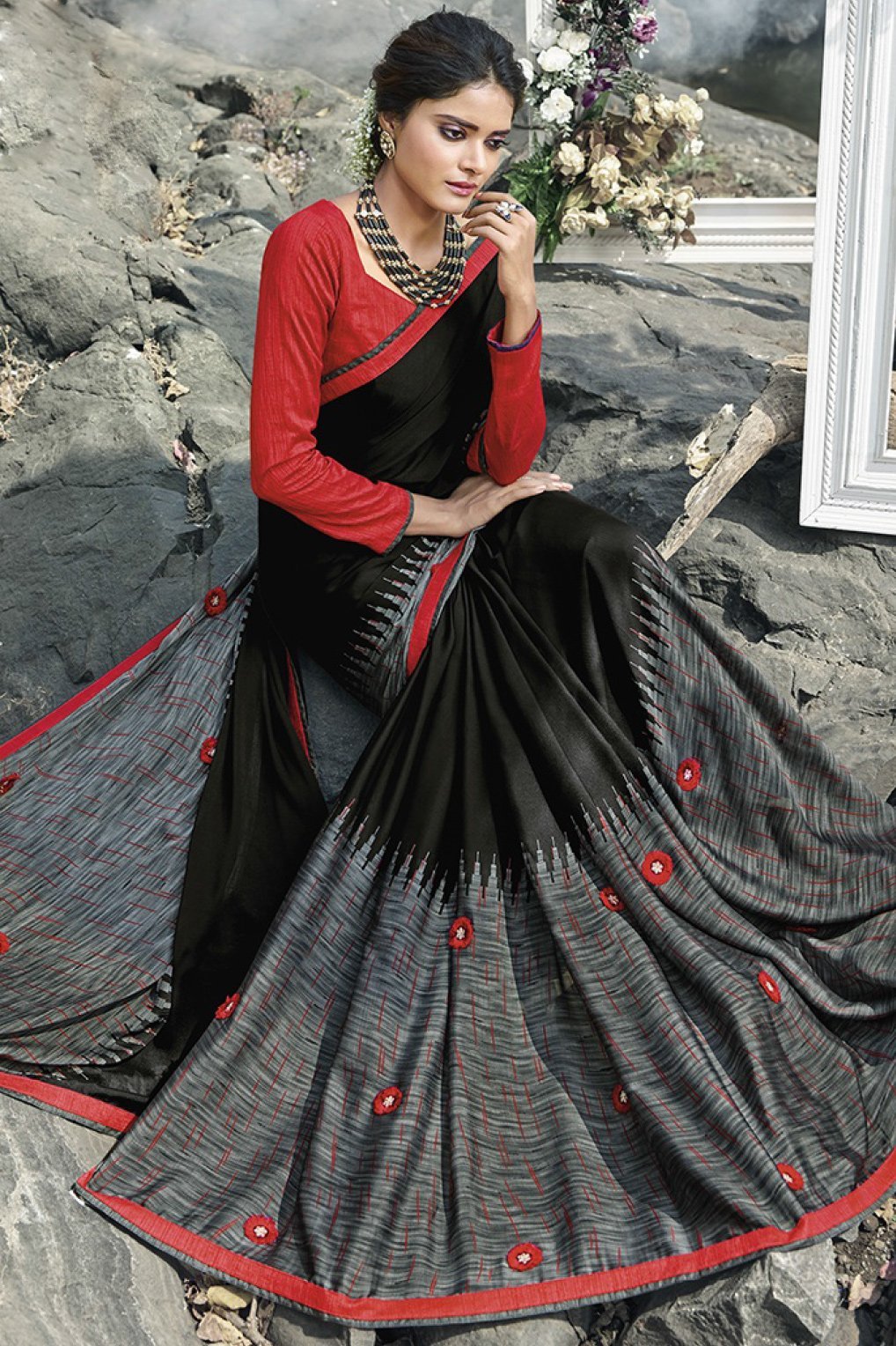Black-Grey and Red Fancy fabric Saree