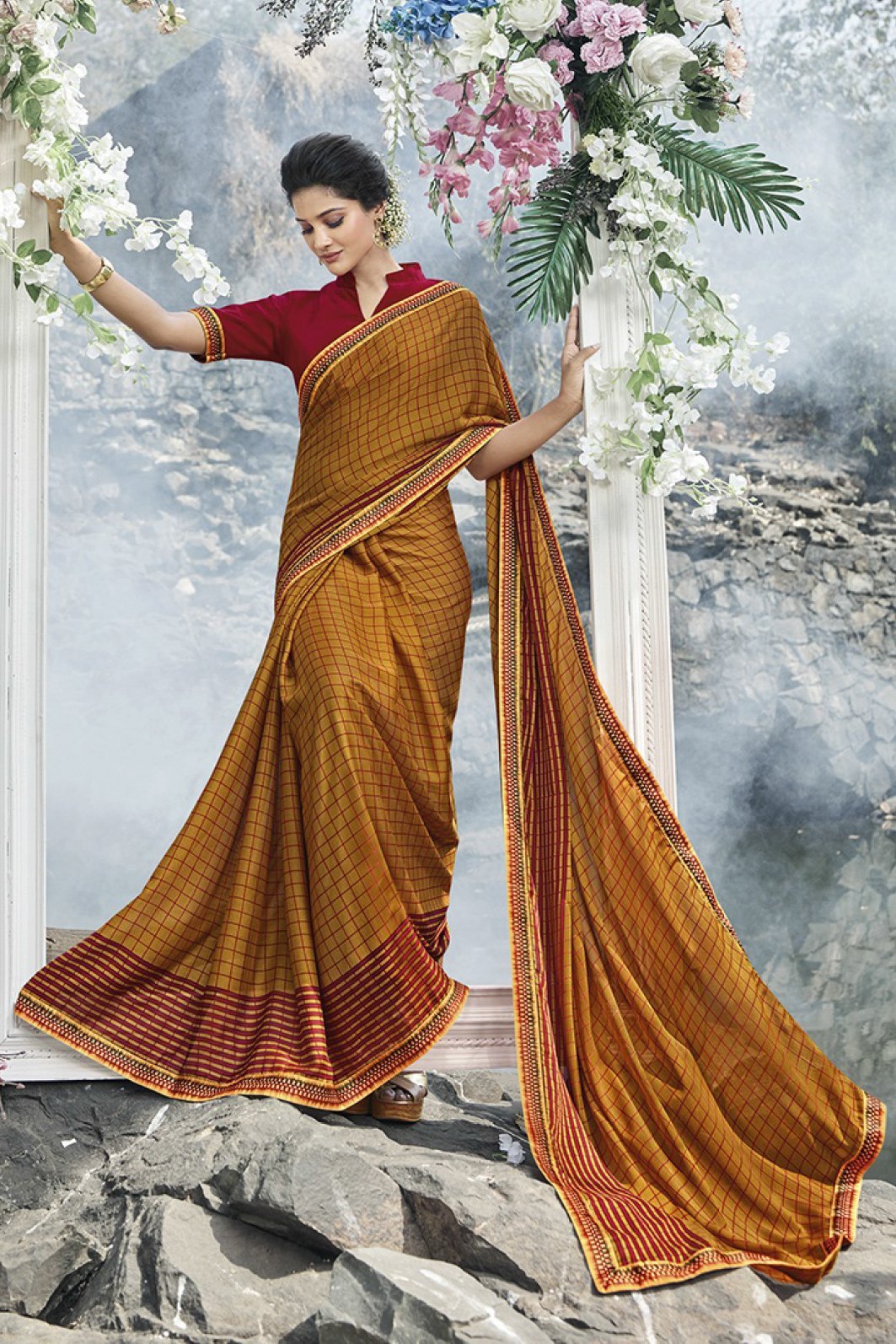 Ginger-Yellow and Burgundy Saree with net-pattern