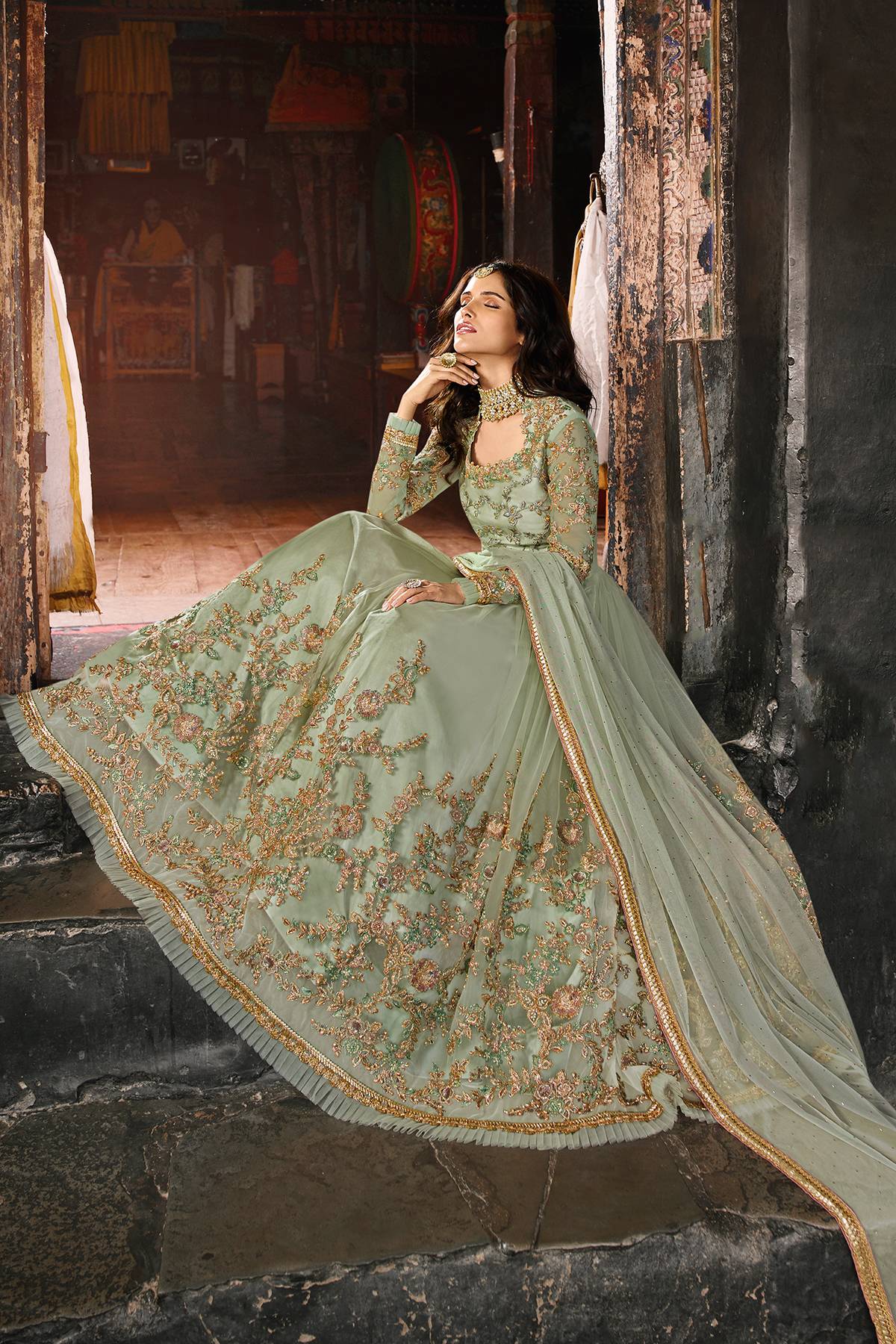 Pastel Green Partywear Designer Anarkali Suit