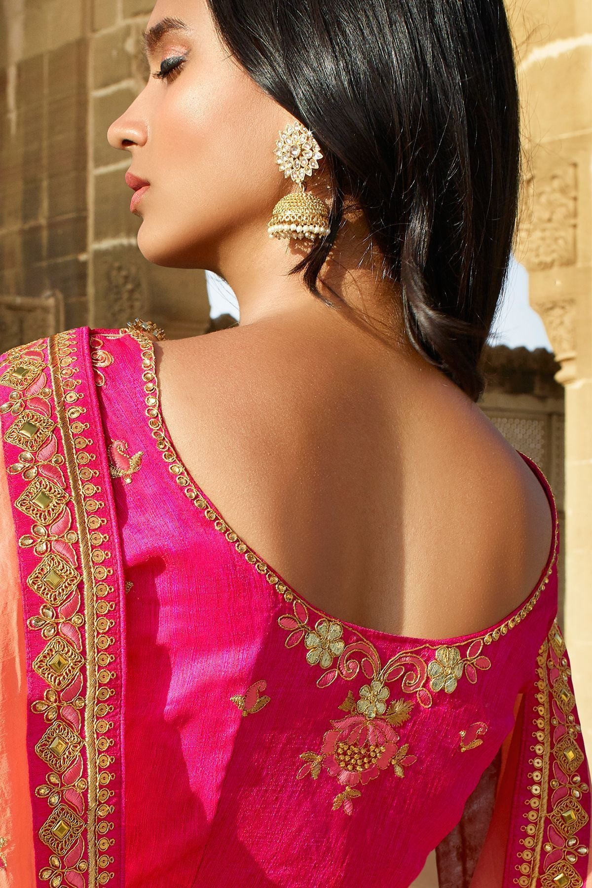 Peach and Pink Dola Silk Sari
