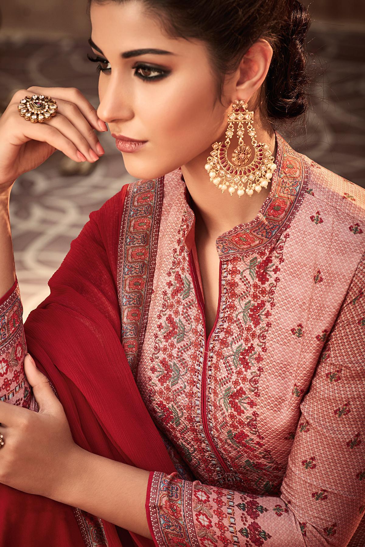 Peach and Red Printed Designer Sharara Suit