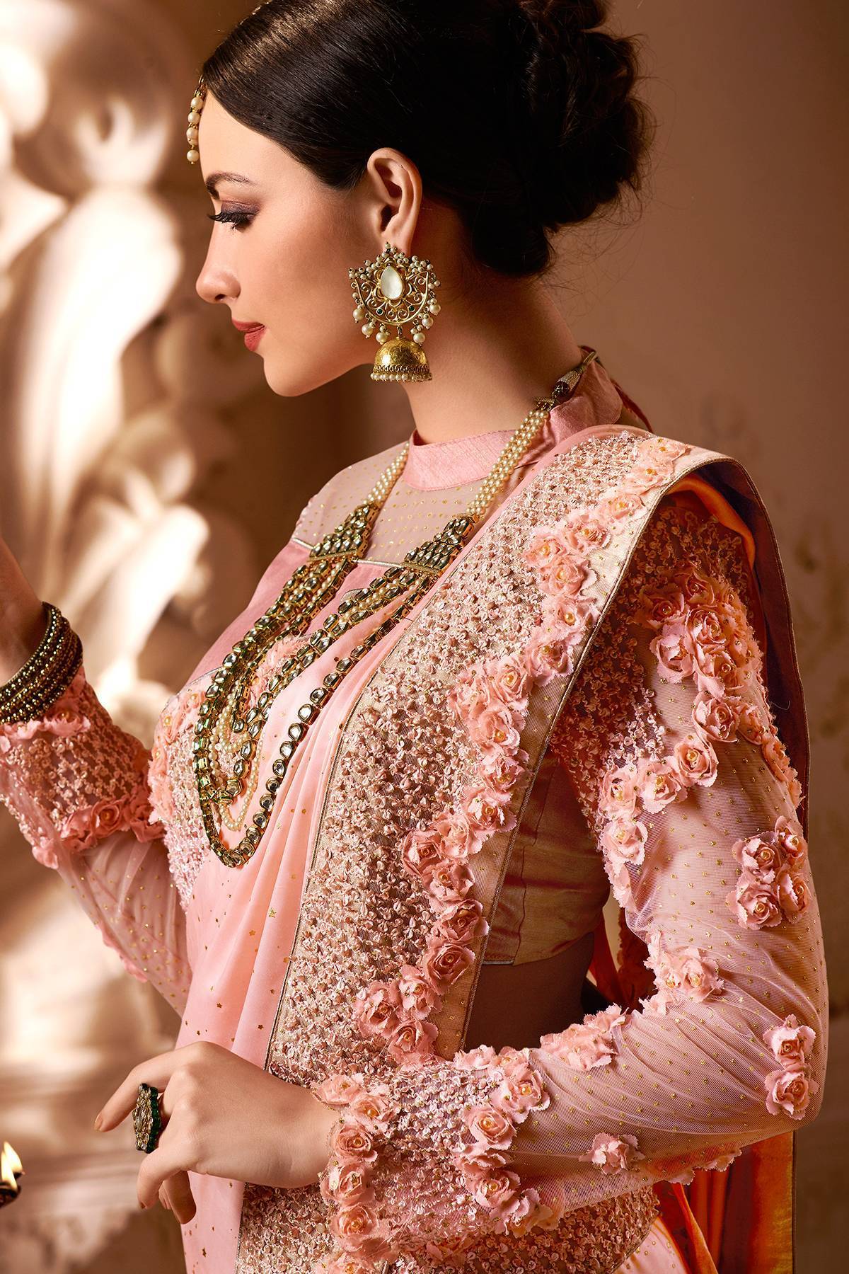Peach Designer Bridal Silk Sari