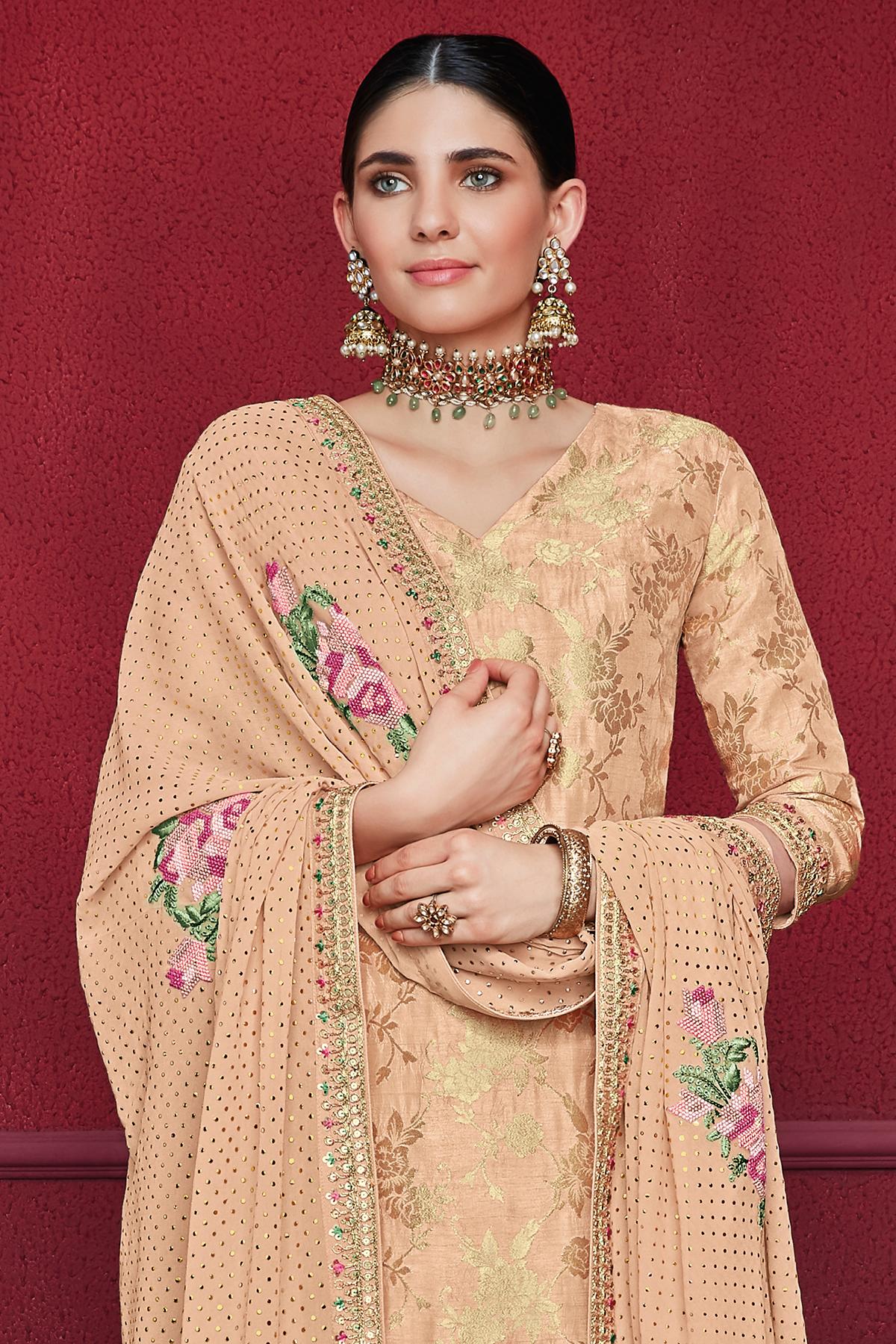 Peach Designer Dola Silk Palazzo Suit