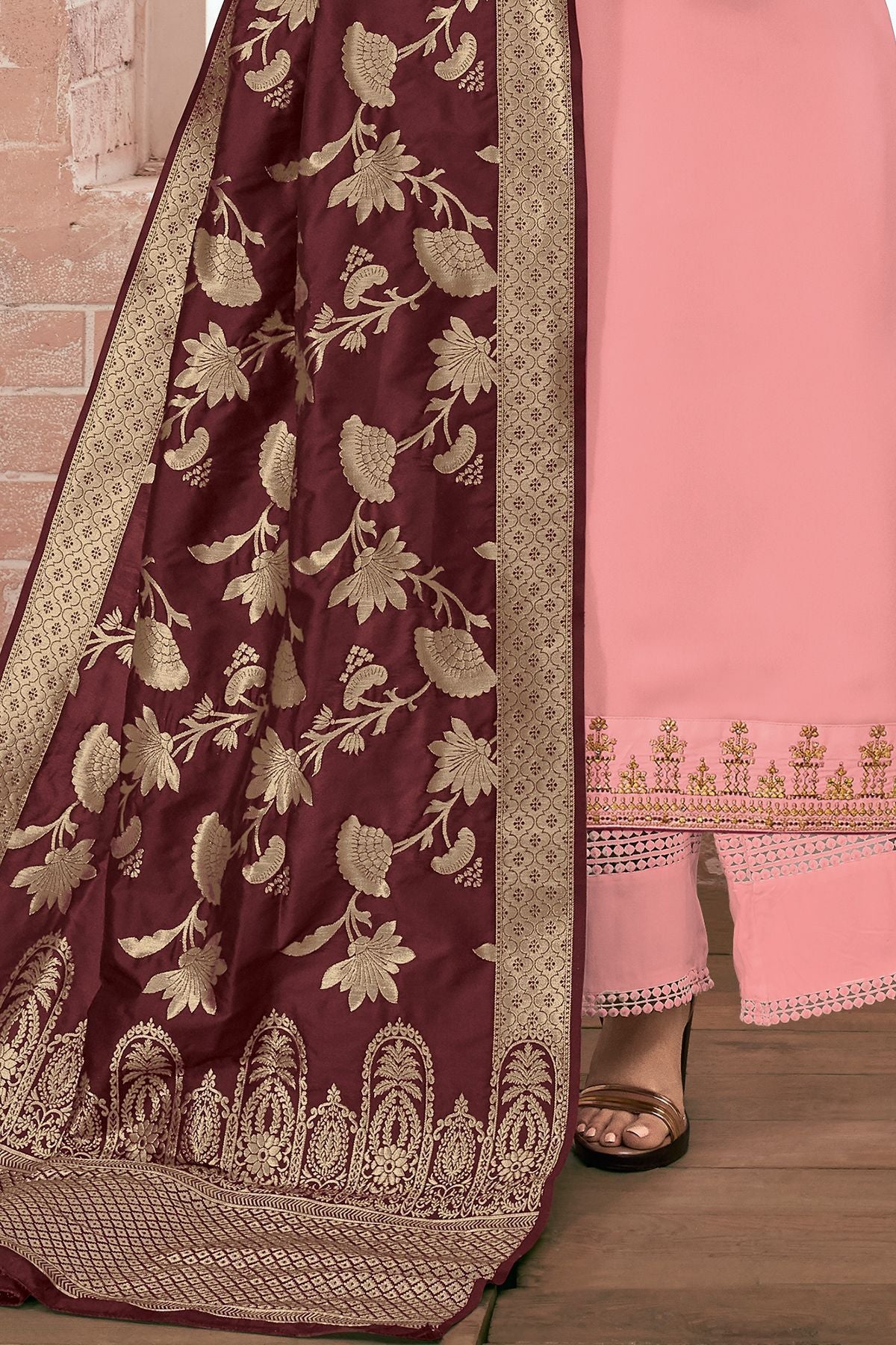 Peach Embroidered Georgette Straight Suit