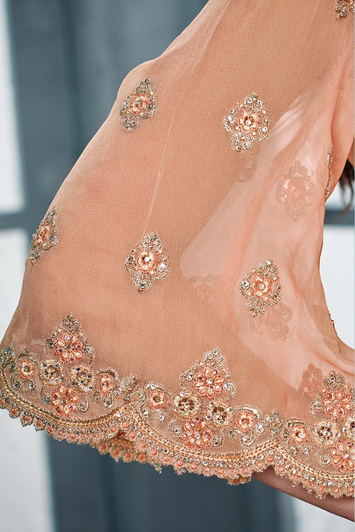 Peach Embroidered Party Wear Straight Suit