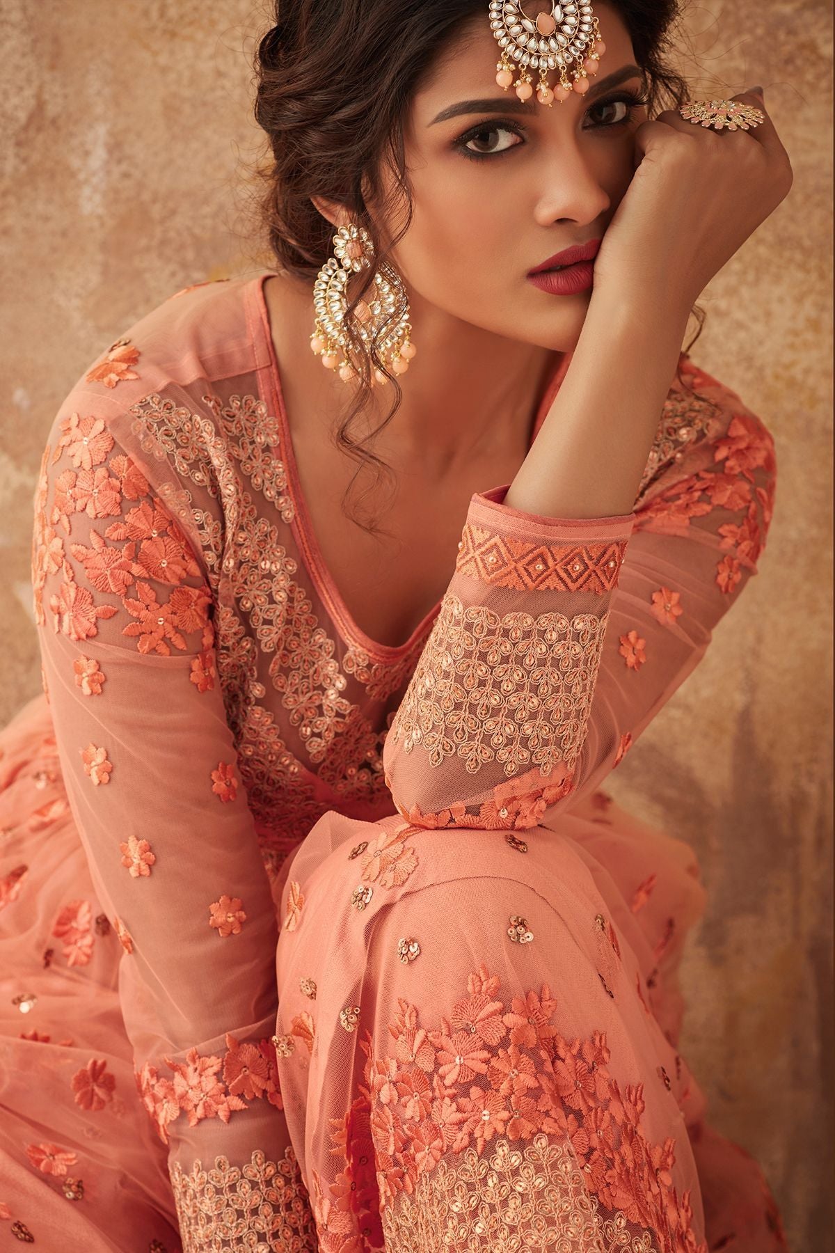 Peach Net Embroidered palazzo Suit