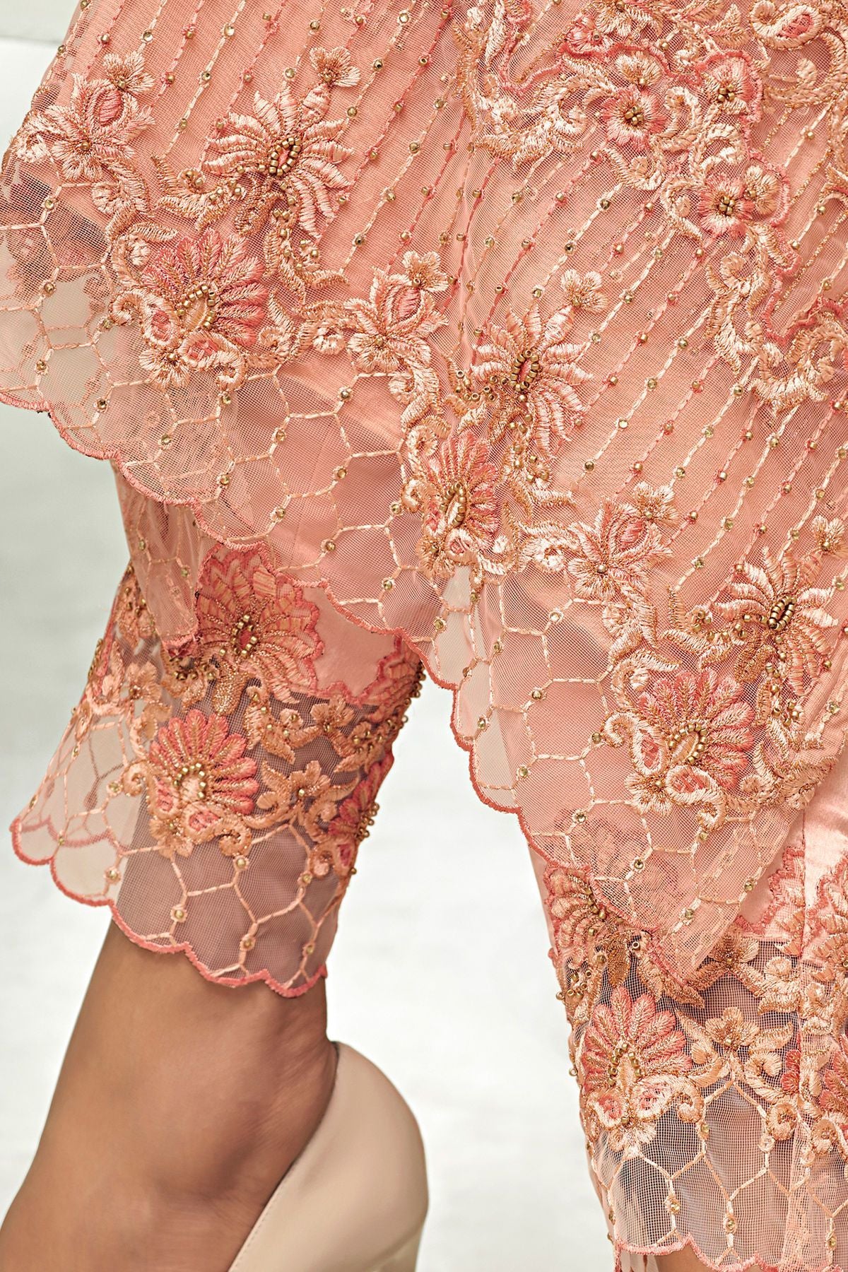 Peach Net Party Wear Stright Cut Suit