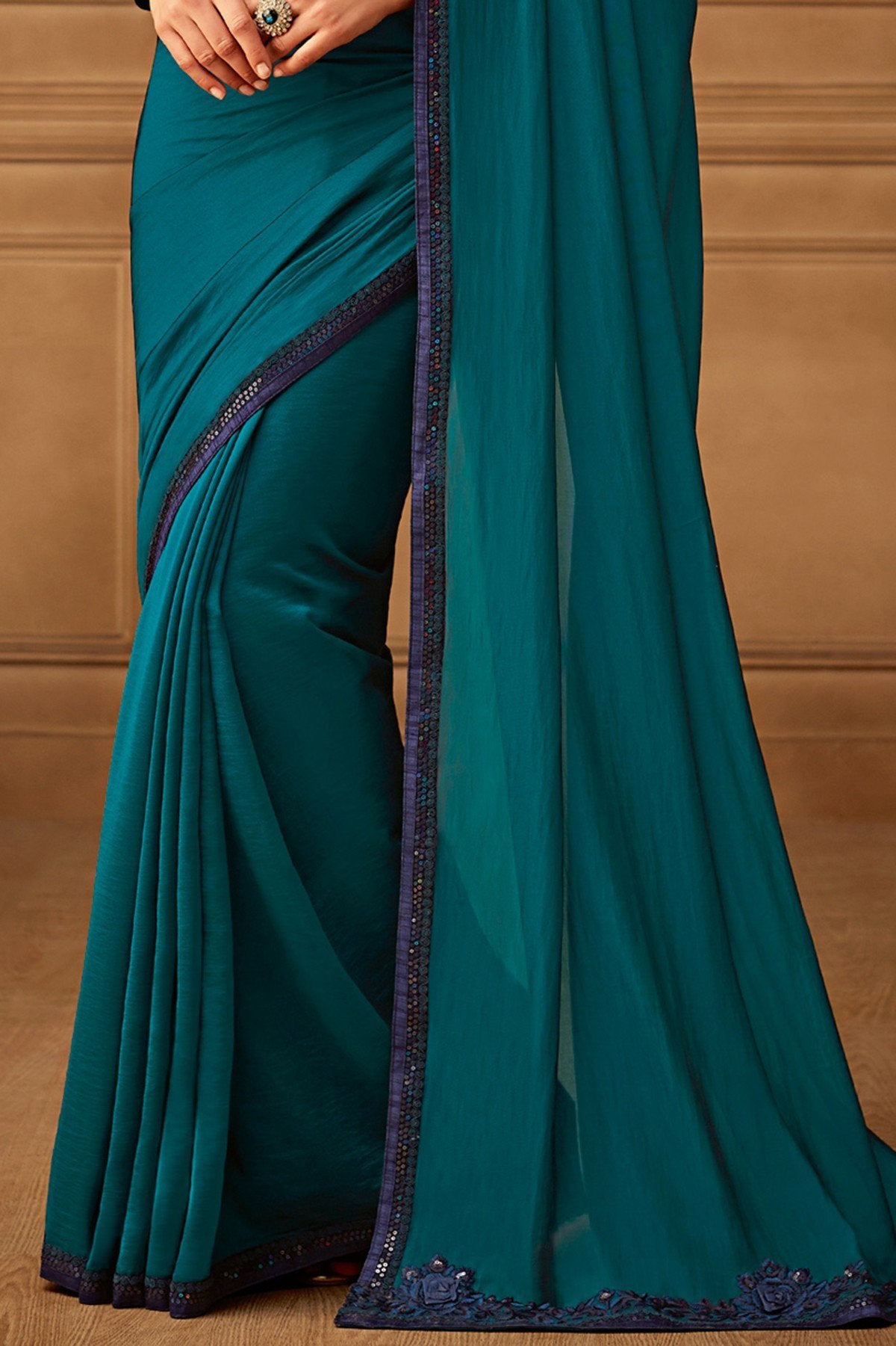 Peacock Blue Designer Party Wear Silk Sari