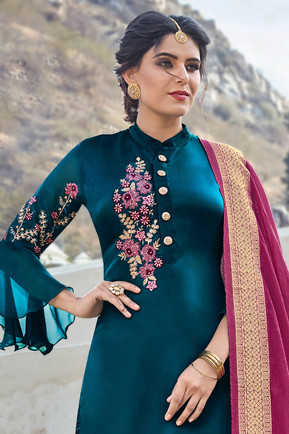 Peacock Blue Satin Georgette Straight Suit