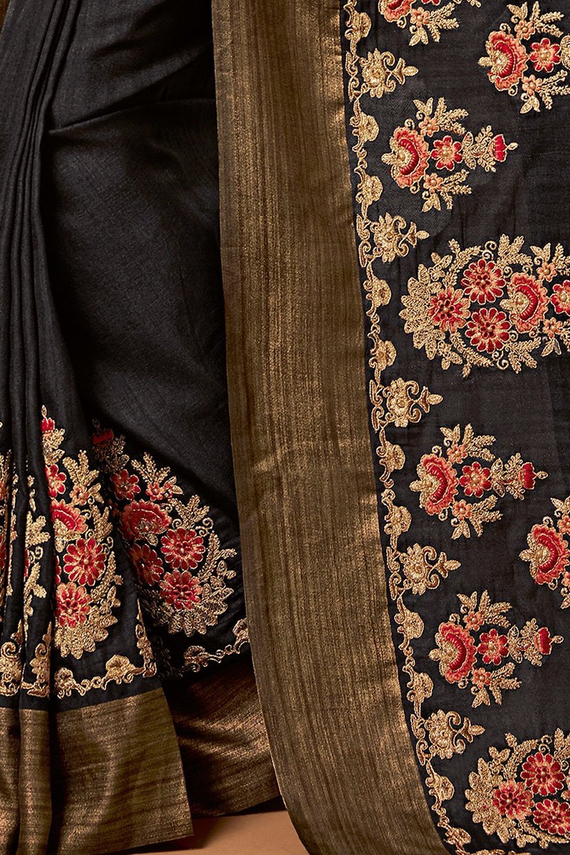 Midnight Black Colored Embroidered Designer heavy Silk Saree