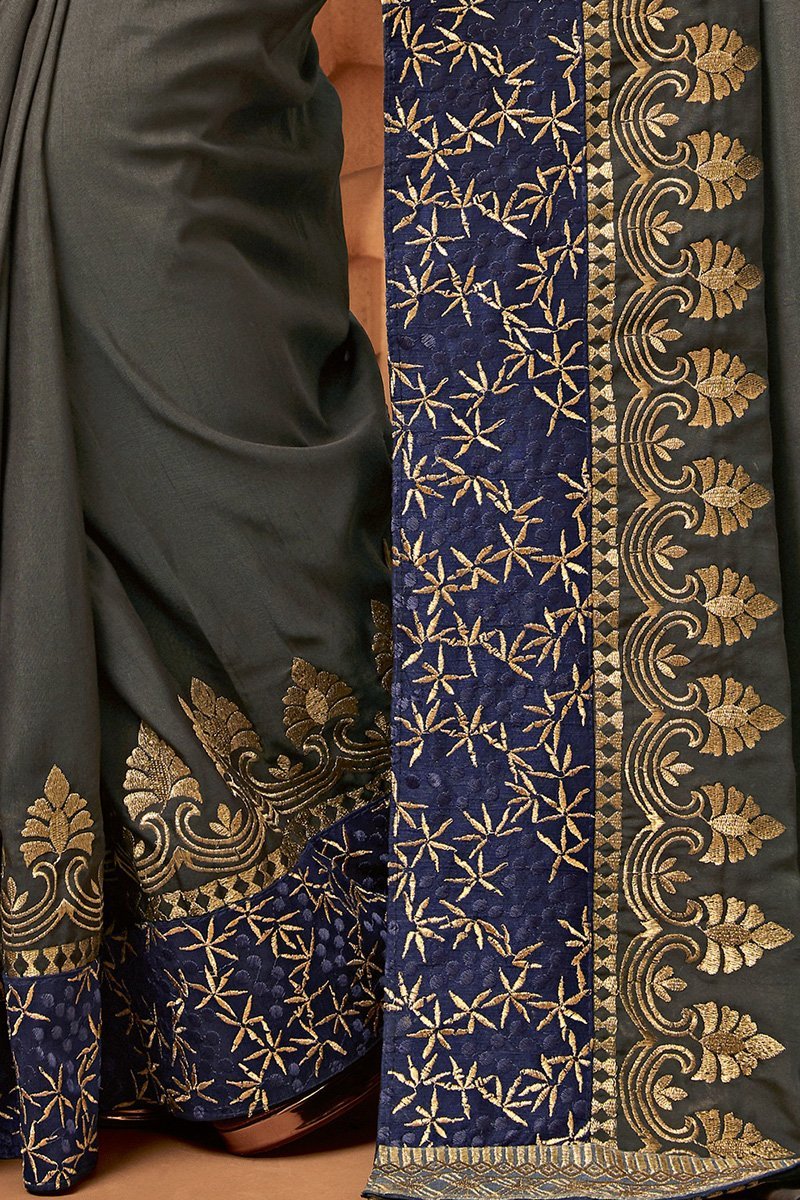 Grey and Denim Blue Colored Embroidered Designer heavy Silk Saree