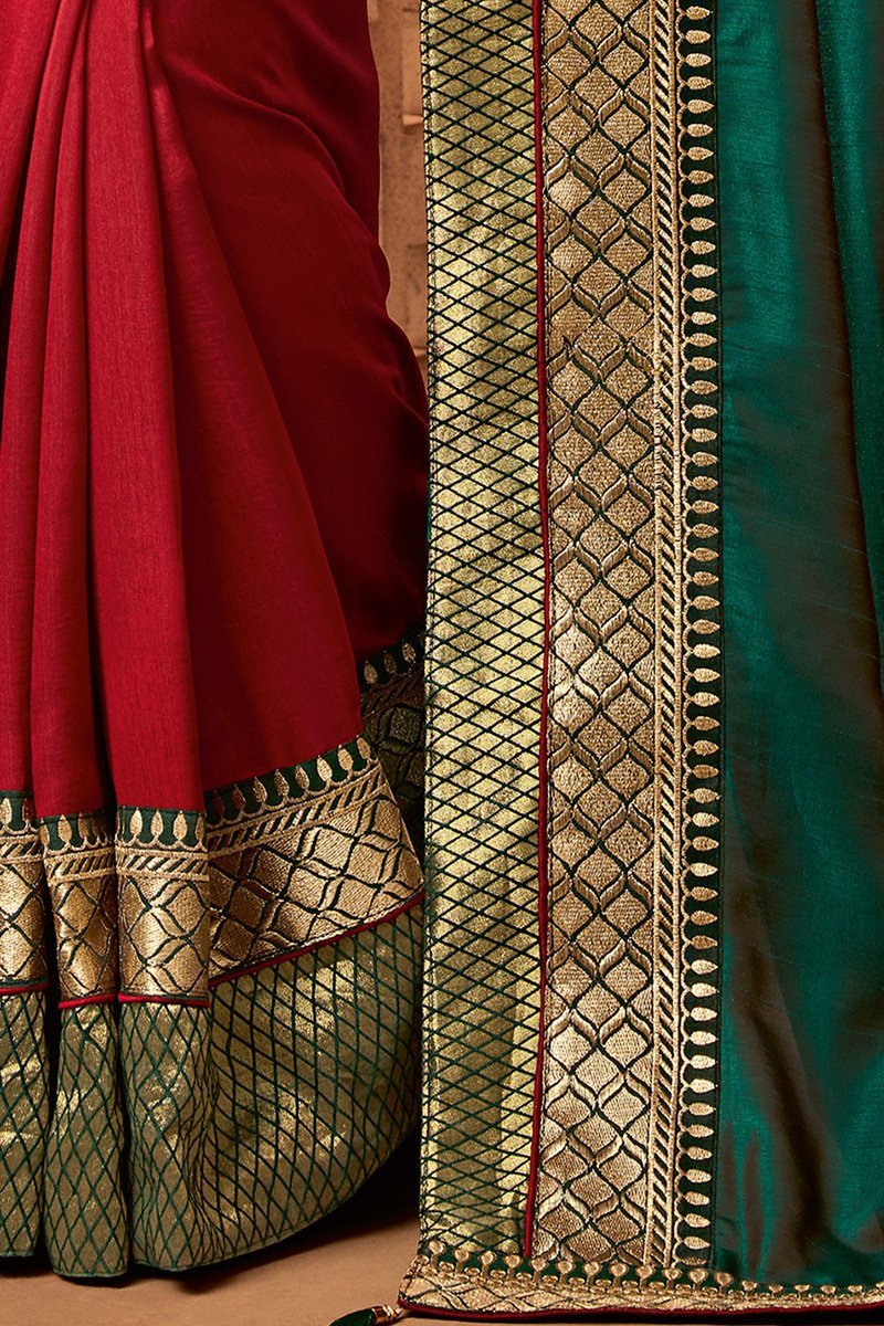Sea Green and Scarlet Red Embroidered Designer heavy Silk Saree