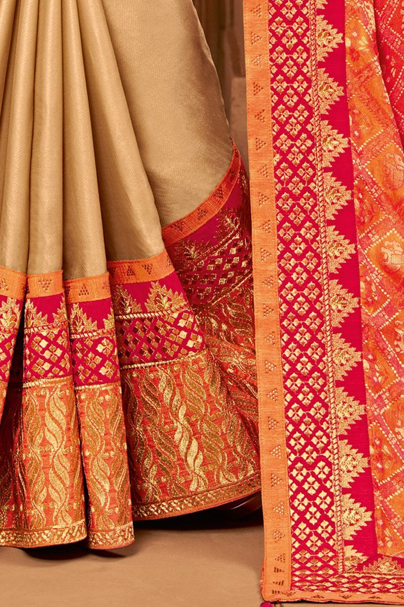Orange and Gold two-toned Embroidered Designer heavy Silk Saree