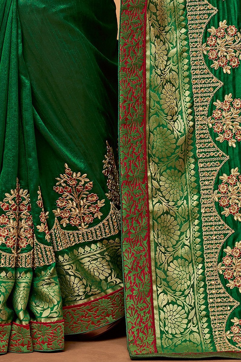 Green and Red Embroidered Designer heavy Silk Saree