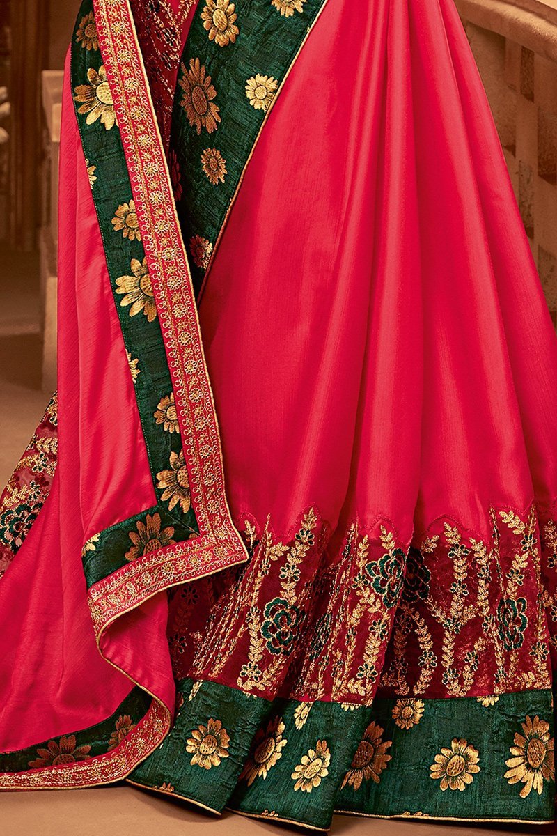 Hot Pink and Green Embroidered Designer heavy Silk Saree