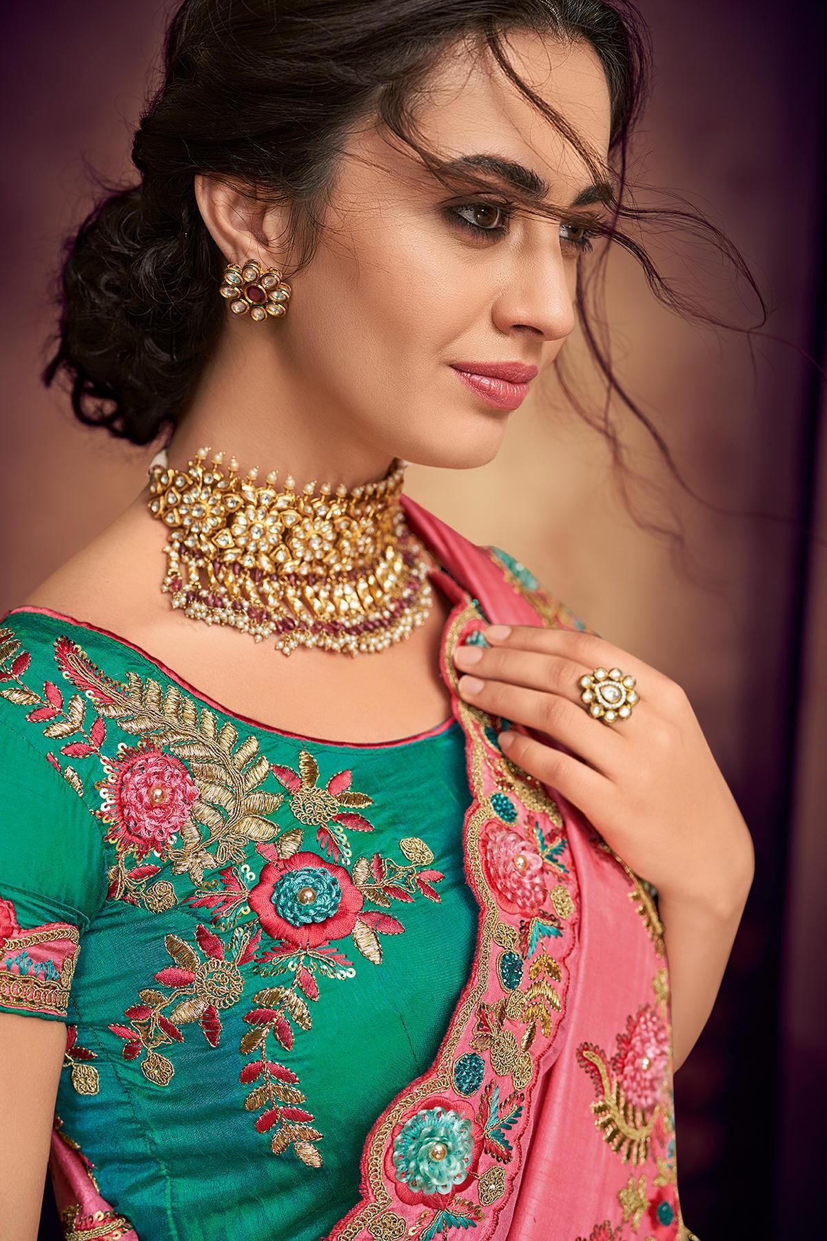 Pink and Ocean Blue Designer Fancy Fabric Saree
