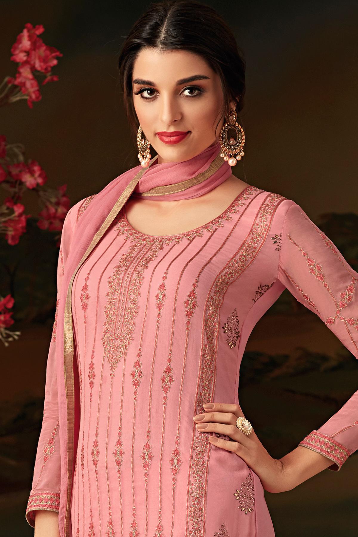 Pink Embroidered Designer Casual Suit